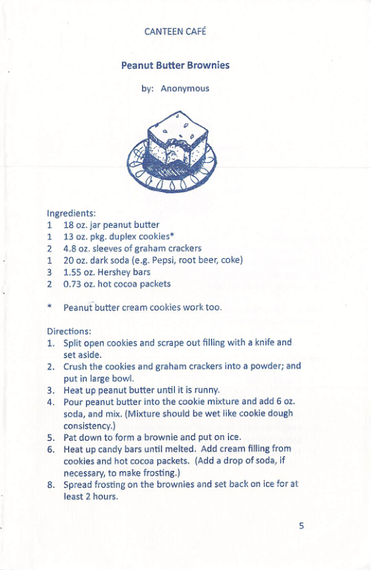 CANTEEN CAFE Peanut Butter Brownies by: Anonymous Ingredients: 1 18 0z.jar peanut butter 13 oz pkg. duplex cookles* 4.8 02. sleeves of graham crackers 20 0z. dark soda (e.g. Pepsi, oot beer, coke) 155 oz. Hershey bars 0.73 0z. hot cocoa packets Peanut butter cream cookies work too. Directions: 1 Split open cookies and scrape out filing with a knife and setaside. Crush the cookies and graham crackers into a powder; and putin large bow. Heat up peanut butter untiltis runny. Pour peanut butter into the cookie mixture and add 6 oz. soda, and mix. (Mixture should be wet iike cookie dough consistency.) Pat down to form a brownie and put on ice. Heat up candy bars until melted. Add cream filling from cookies and hot cocoa packets. (Add a drop of soda, If necessary, to make frosting.) Spread frosting on the brownies and set back on ice for at least 2 hours
